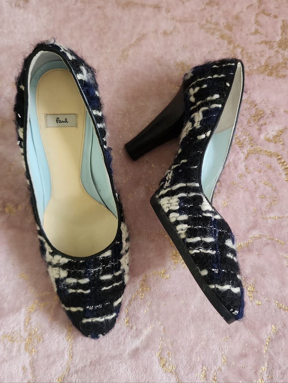 PAUL SMITH | Navy, Black & White Tweed Block Heel Pumps